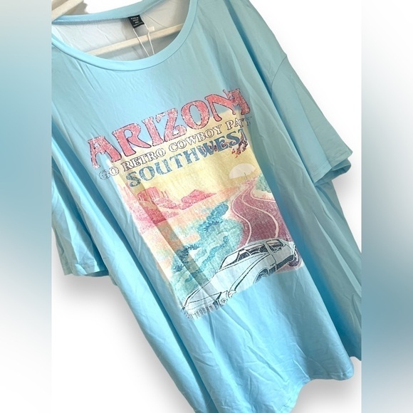 NEW Women’s OverSized Retro Pastel Blue Car Arizona Cowboy 🤠 T-Shirt | Size 4X - Picture 8 of 9